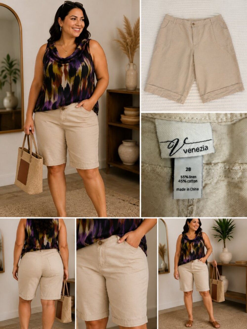 Venezia Linen Blend Bermuda Shorts | Beige Tailored Shorts | Plus Size 28
